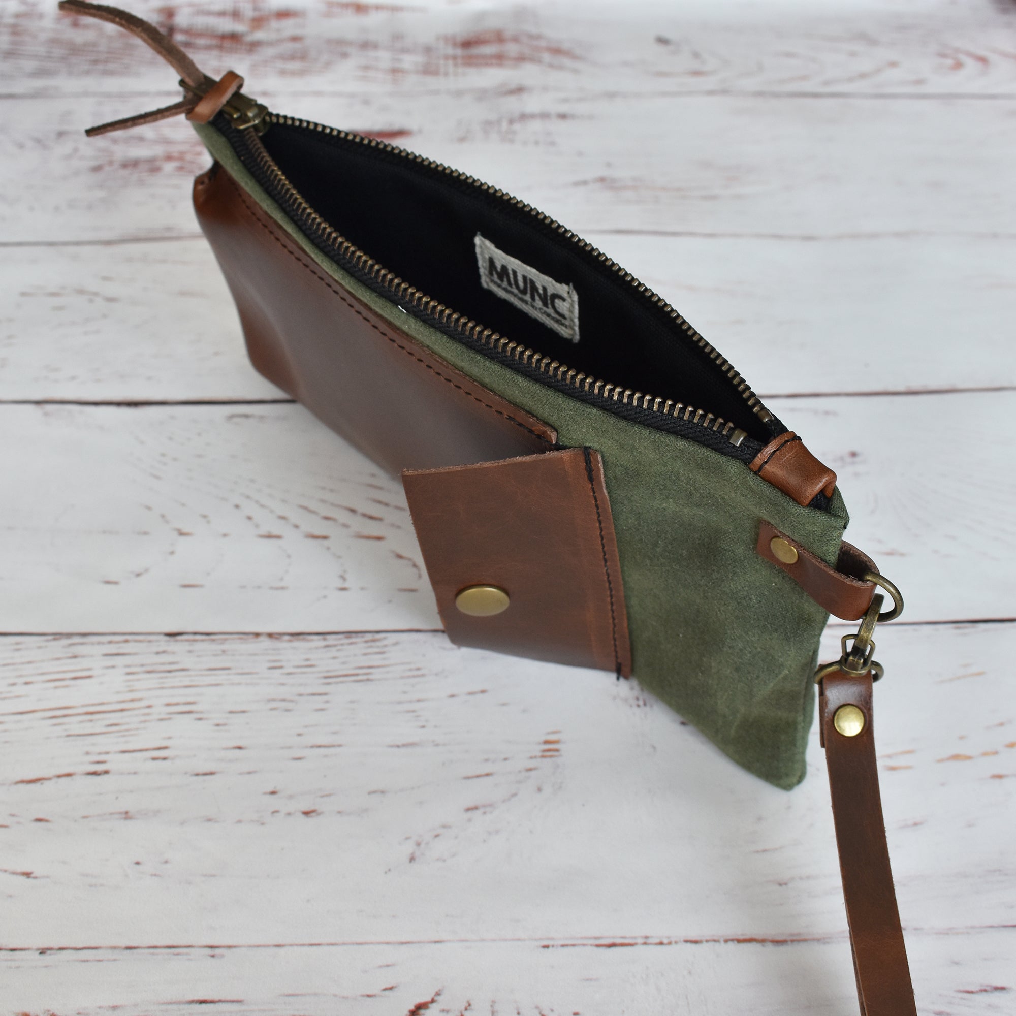 MUNC waxed canvas and veg tan leather pouch