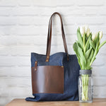 Load image into Gallery viewer, Square Tote - Denim &amp; Leather
