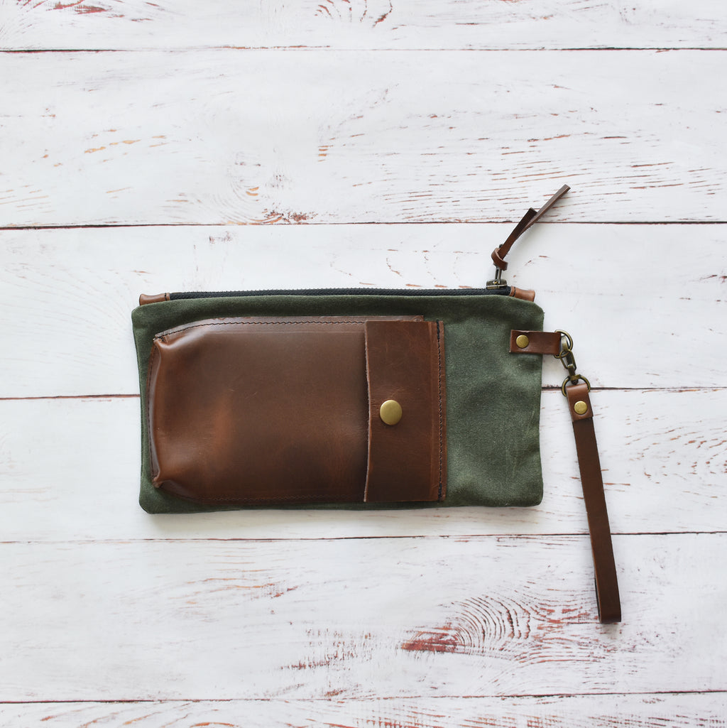 MUNC waxed canvas and veg tan leather pouch